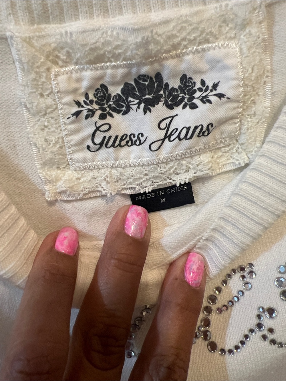 GUESS Off-the-Shoulder White Rhinestone Logo Sweater - Picture 2 of 2
